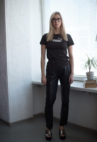 VINTAGE 80'S BLACK LEATHER HIGH WAISTED TROUSERS
