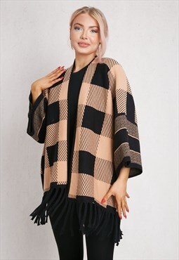 Camel Plaid Pattern Poncho ONE SIZE FIT (10-18)