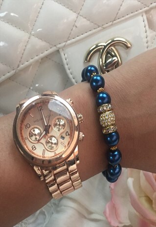 BLUE AND GOLD SWAROVSKI CRYSTAL AND PEARL BEAD BRACELET