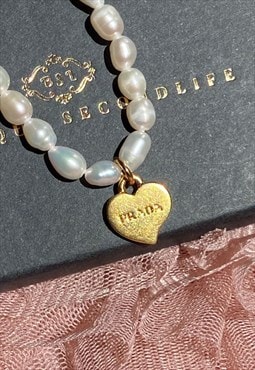 Repurposed Authentic Prada Heart tag - Pearls Bracelet 