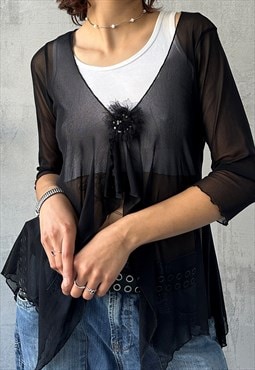 Vintage Y2K 00's Cute Black Ruffled Sheer Blouse