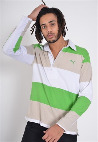 VINTAGE PUMA STRIPED RUGBY SHIRT JERSEY GREEN