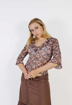 Vintage 90s Mesh Floral Top With Ruffles