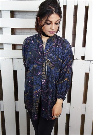 FUNKY ABSTRACT PRINT SILK LONG SLEEVED SHIRT
