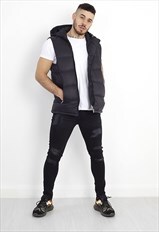 Mens black zip through hooded padded gilet