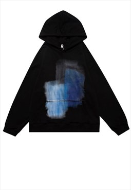 Abstract print hoodie space pullover raver top in blue black