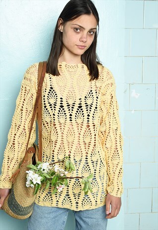 VINTAGE 80S CROCHET HAUTE BOHEME BLOUSE TOP OVERSWIM