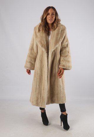 VINTAGE FAUX FUR COAT JACKET MID LONG UK 12 MEDIUM (HBH)