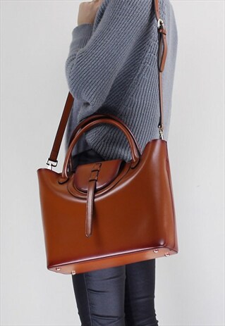 BROWN LEATHER SHOPPER BAG BIG SHOULDER BAG