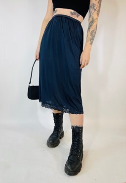 Vintage 90s 00s Y2K Grunge Satin Blue Lace Midi Skirt