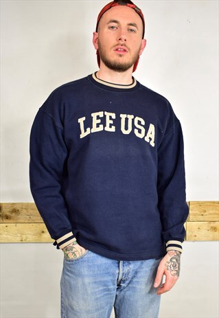 VINTAGE 90S LEE USA NAVY BLUE SPELL OUT SWEATER
