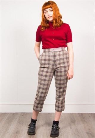 VINTAGE 90'S BROWN CHECK TARTAN HIGH WAIST CROPPED TROUSERS