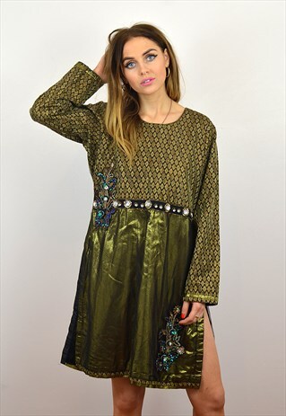 VINTAGE GOLD METALLIC SILK BOHO PARTY FESTIVAL DRESS