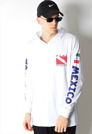 VINTAGE 90S WHITE MEXICO LIGHTWEIGHT HOODIE SHIRT