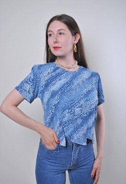 Vintage 90s printed crop top, blue abstract blouse, pullover
