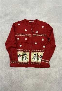 Vintage Knitted Cardigan Embroidered Snowman Patterned Knit