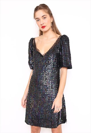 VINTAGE 80S BLACK SEQUIN EMBELLISHED PARTY DRESS