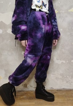Tie-dye fleece joggers detachable handmade sky pants purple