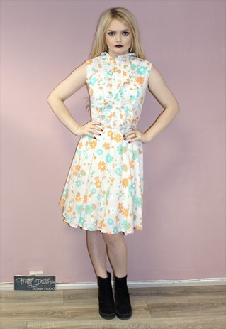 60S VINTAGE WHITE FLOWER POWER FLORAL DRESS ORANGE TURQUOISE