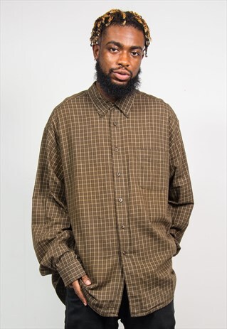 VINTAGE 90'S GREEN SQUARE GRID CHECK FLANNEL SHIRT