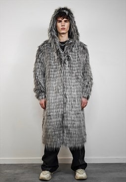 Long shaggy fur coat striped collarless festival trench grey