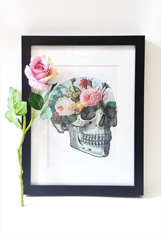 VALENTINES A4 GARDEN FLORAL SKULL ART PRINT