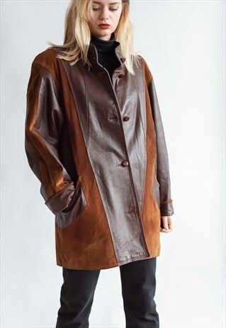 VINTAGE 80S LONG LEATHER JACKET WITH SUEDE DETAILS