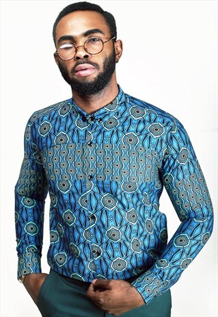 AFRICAN PRINT TEAL GREEN LONG SLEEVE COTTON SHIRT