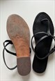 BLACK REAL LEATHER FLAT T STRING SLIPPERS / SANDALS - UK6