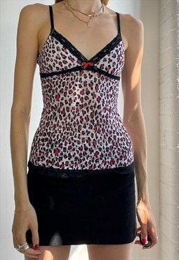 Vintage Y2k Leopard Print Mesh Lace Cami Top Black Grunge