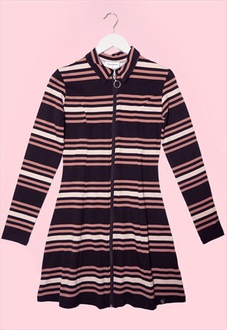 STRIKE OUT STRIPED BLACK, NUDE POLO NECK ZIP 90S MINI DRESS