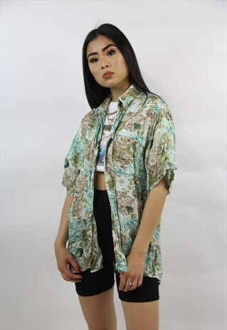 VINTAGE SILKY GREEN PATTERNED SHIRT