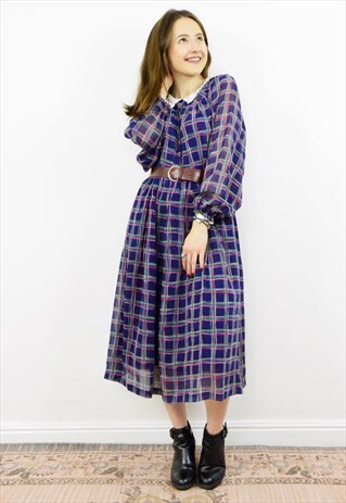 VINTAGE 80S BLUE CHECKED CHIFFON LACE COLLAR MIDI DRESS