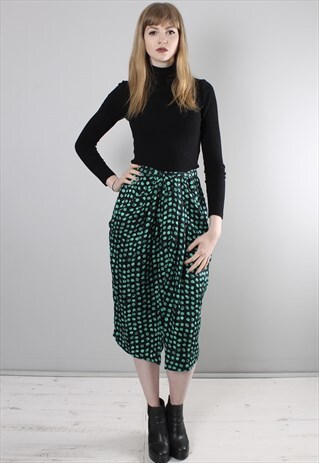 VINTAGE 80S BLACK SILK POLKA DOT PATTERNED TULIP MIDI SKIRT