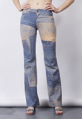 VINTAGE Y2K CAVALLI JEAN PATCHWORK POCKET PRINT FLARED JEANS