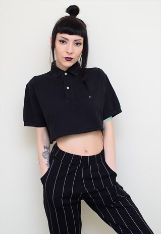 Y2K RETRO BLACK REWORKED CROPPED TOMMY HILFIGER POLO SHIRT