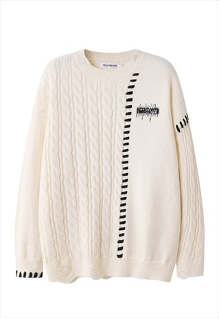 ASYMMETRIC SWEATER CABLE KNIT JUMPER RETRO STITCHING TOP 