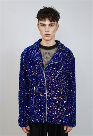 SEQUIN BIKER JACKET BLUE GLITTER BOMBER SPARKLE EMBELLISHED 