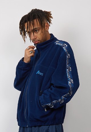 VINTAGE 90'S ASICS TAPED BLUE FLEECE SPORTS JACKET