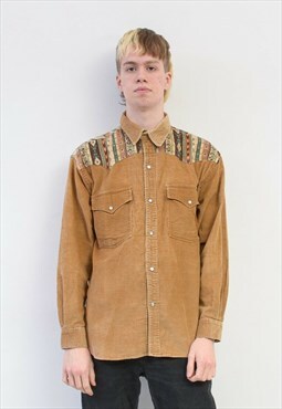 Vintage Mens L Casual Shirt Corduroy Cotton Beige Cords Snap