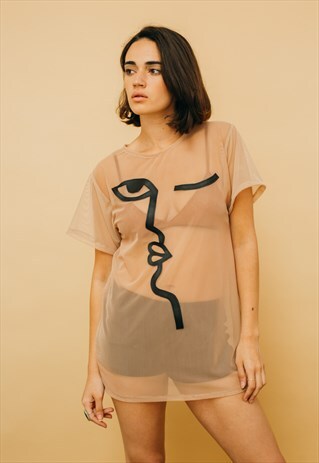 SHEER ABSTRACT FACE TSHIRT DRESS