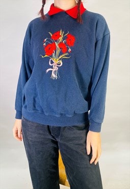 Vintage Size S Floral Cottage Sweatshirt in Blue