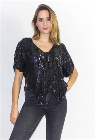VINTAGE 80'S PURE SILK BEADED BUTTERFLY TOP