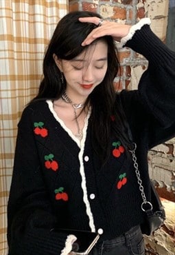 Vintage-inspired Cherry Cropped Knit Cardigan - Black