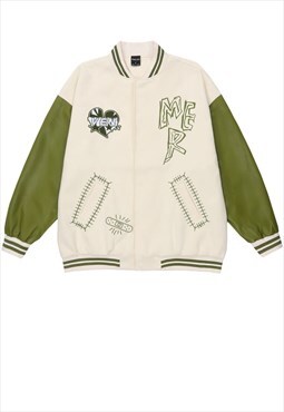 Faux leather varsity jacket heart print bomber white green