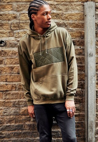 KHAKI QUILTED PANEL HOODIE SWEATSHIRT