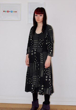 BLACK COTTON DRESS PATCHORK PRINT