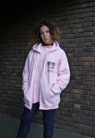 ZIP UP HOODIE IN PINK WITH A CHINESE DRAGON PRINT
