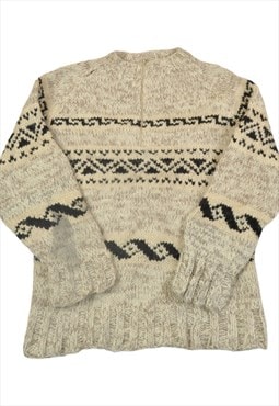 Vintage Wool 1/4 Zip Sweater Scandi Pattern Beige Medium