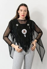 Vintage suede fringed vest in black top western cowgirl